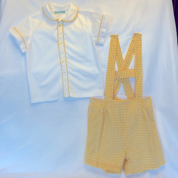 NWOT VINTAGE EUROPEAN MERCEDES CORTINA  OVERALLS/ SHIRT SET YELLOW & WHITE 2T - Picture 5 of 9